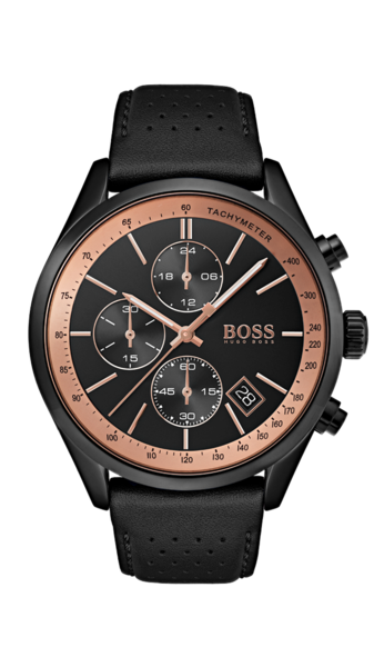 Hugo Boss BOSS Grand Prix HB1513550 kronografklocka för herrar. Svart PVD-boett i rostfritt stål, perforerat svart läderband och svart urtavla med roséguldfärgade detaljer.