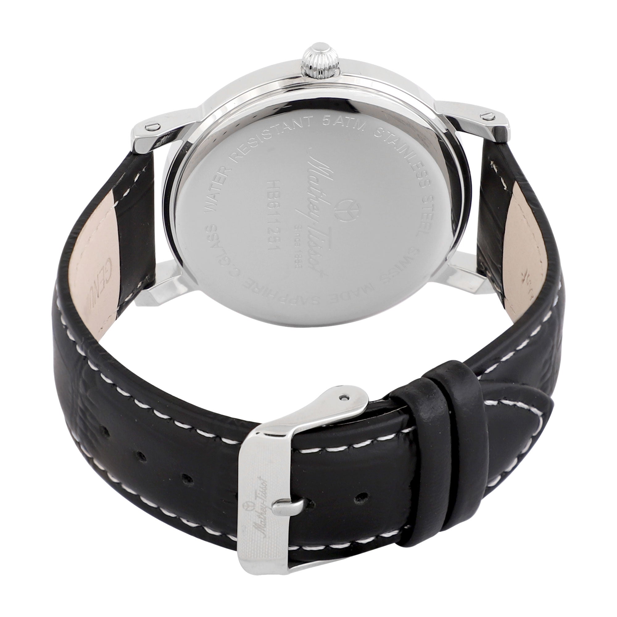 Mathey-Tissot City Leather HB611251ABR klockans baksida är silverfärgad.