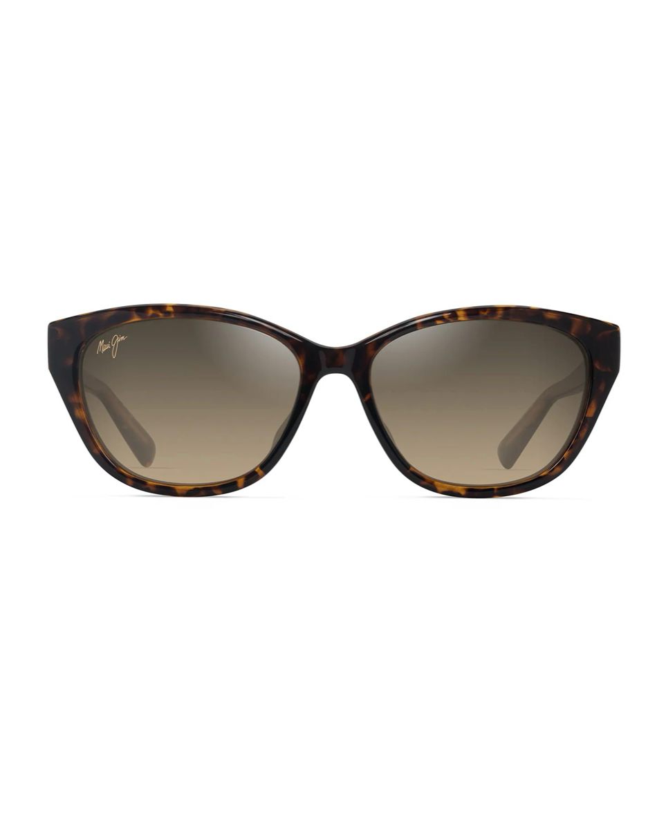 Tyylikkäät, naiselliset Maui Jim Pūnono -aurinkolasit suoraan edestä kuvattuna. Pehmeä cat-eye-siluetti, kiiltävän tummanruskeat Dark Havana -kehykset ja ruskehtavat, liukuvärjätyt linssit.