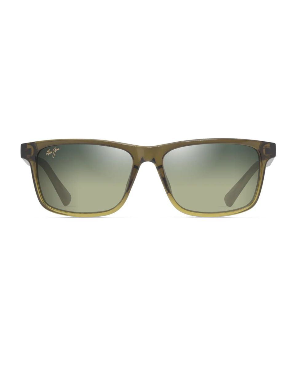 Klassiset miesten Maui Jim 'Okina -aurinkolasit suoraan edestä kuvattuna. Minimalistinen suorakaiteen muotoinen kehys, läpinäkyvän vihreä väritys ja vihertävät liukuvärilinssit.