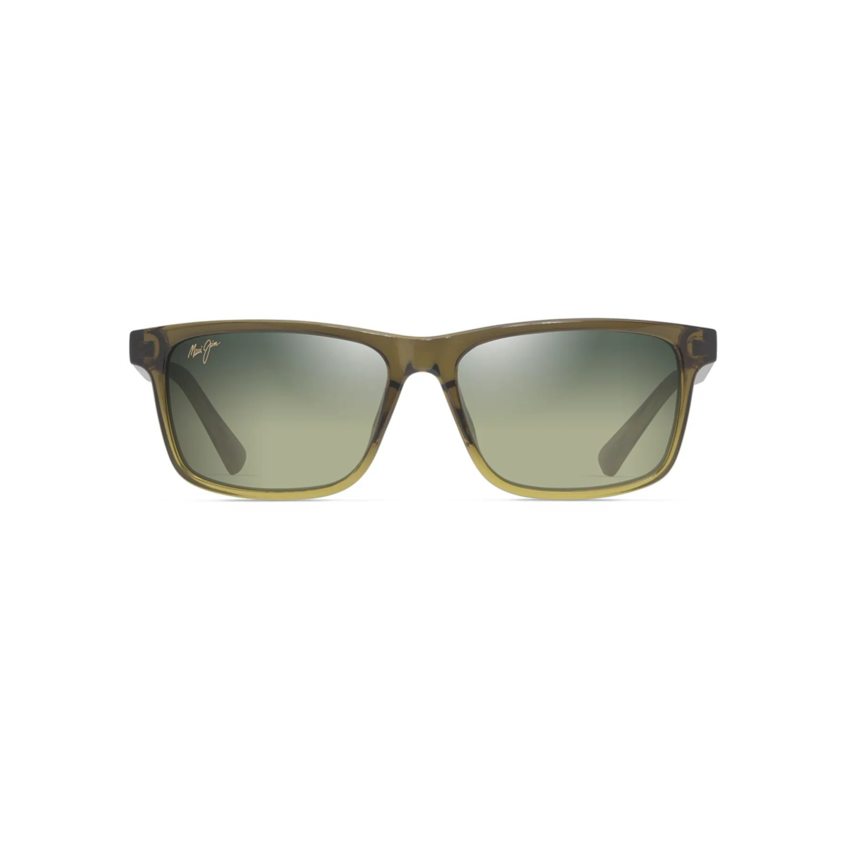 Klassiset miesten Maui Jim 'Okina -aurinkolasit suoraan edestä kuvattuna. Minimalistinen suorakaiteen muotoinen kehys, läpinäkyvän vihreä väritys ja vihertävät liukuvärilinssit.