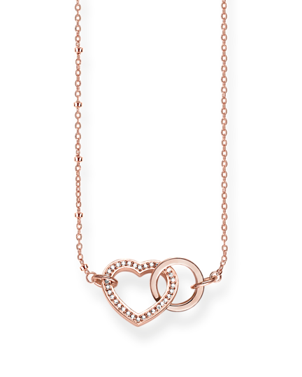 Thomas Sabo Forever Together Heart KE1731-416-14 halsband har en tunn roséguldpläterad kedja dekorerad med ett sammanlänkat hjärta och en ring. Hjärtat är dekorerat med vita zirkoner och ringen har en slät yta.