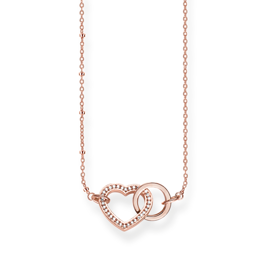 Thomas Sabo Forever Together Heart KE1731-416-14 kaulakorussa on ohut ruusukullalla pinnoitettu ketju, jota koristaa toisiinsa linkitetyt sydän ja rengas. Sydän on koristeltu valkoisilla zirkoneilla ja renkaassa on sileä pinta.
