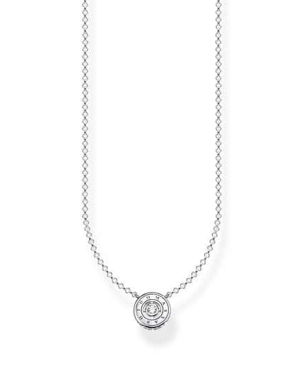 Thomas Sabo Circle With White Stone KE1881-051-14 halsband har en tunn silverkedja dekorerad med en silvercirkel med en vit zirkon i mitten. Runt zirkonen är graverad med texten: "THOMAS SABO".