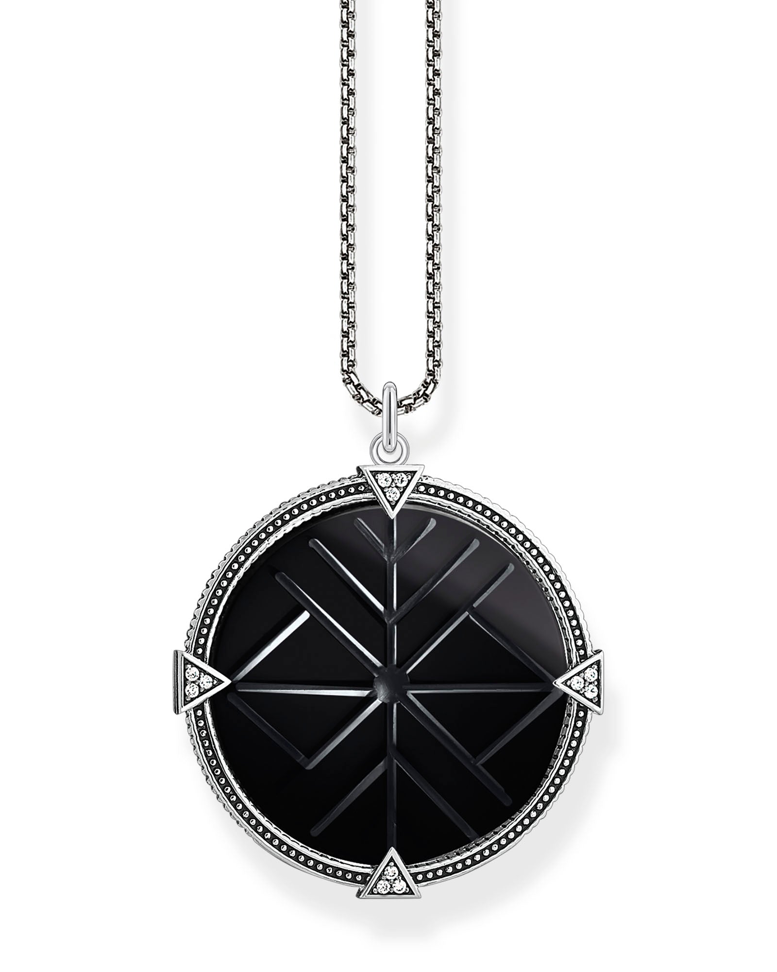 Thomas Sabo Rebel At Heart Vintage Coin Black KE1998-508-11-L50v halsband med mörk silverkedja och runt hänge med silverkant och svart mittparti med geometrisk gravyr. Runt kanten finns fyra små trianglar dekorerade med zirkoner.