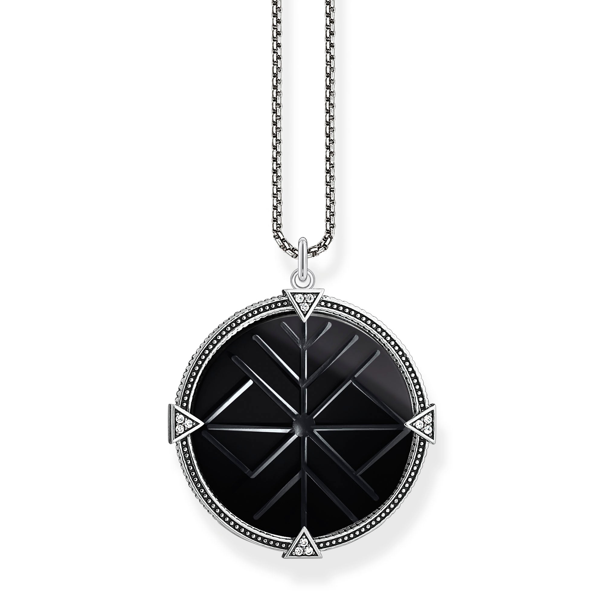 Thomas Sabo Rebel At Heart Vintage Coin Black KE1998-508-11-L50v halsband med mörk silverkedja och runt hänge med silverkant och svart mittparti med geometrisk gravyr. Runt kanten finns fyra små trianglar dekorerade med zirkoner.