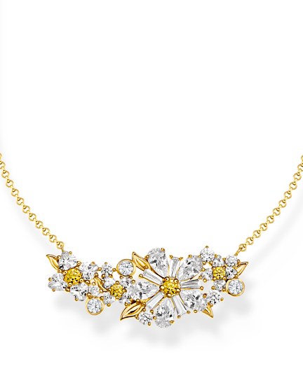 Thomas Sabo Gold-Plated Flower Necklace Lovely Daisy With Stones KE2085-414-4-L45V halsband har en tunn, förgylld silverkedja dekorerad med en vacker bukett prästkragar.