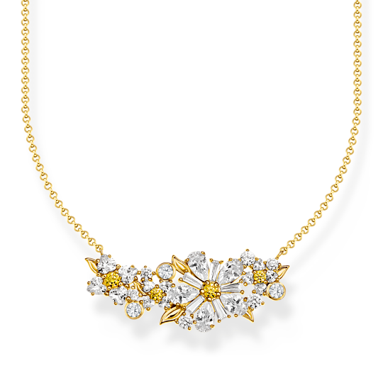Thomas Sabo Gold-Plated Flower Necklace Lovely Daisy With Stones KE2085-414-4-L45V halsband har en tunn, förgylld silverkedja dekorerad med en vacker bukett prästkragar.