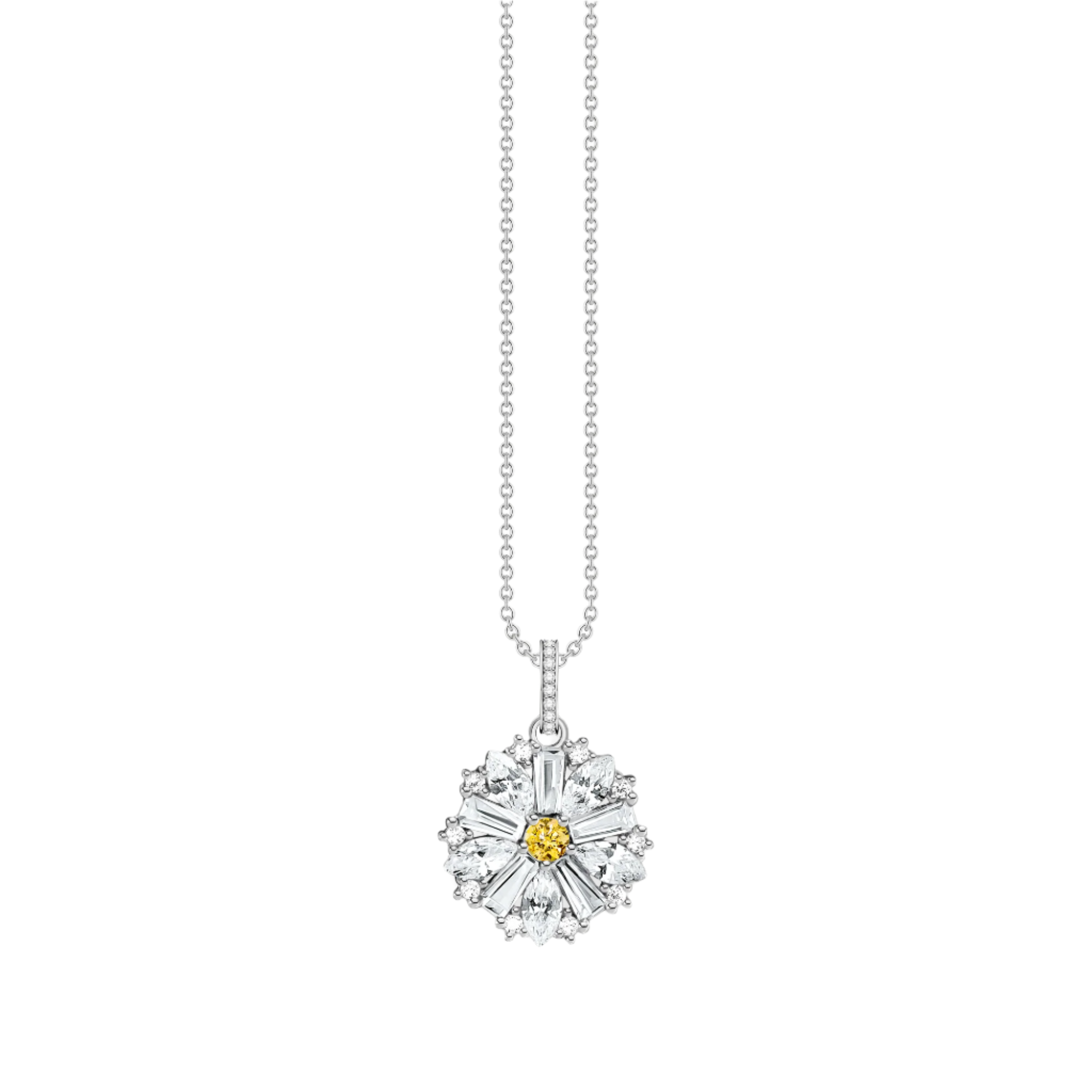Thomas Sabo Lovely Daisy KE2086-051-4-L45v halsband har en tunn silverkedja och ett hänge som liknar en prästkrage.