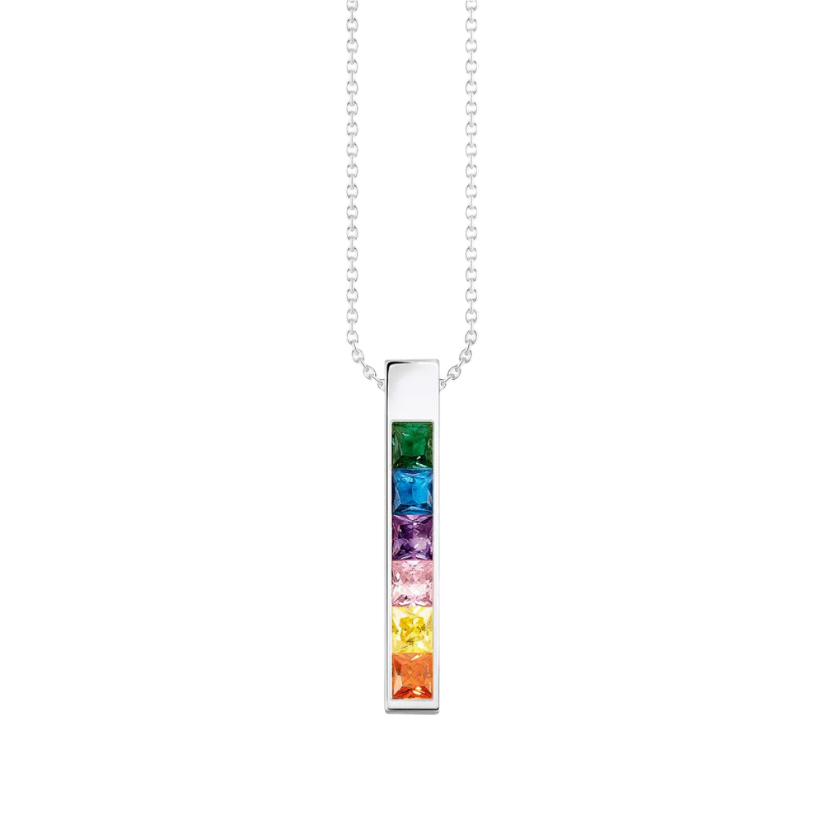 Thomas Sabo Necklace With Stones KE2113-166-7 halsband har en tunn silverkedja. Hänget är ett avlångt block med färgglada zirkoner fästa vid det.