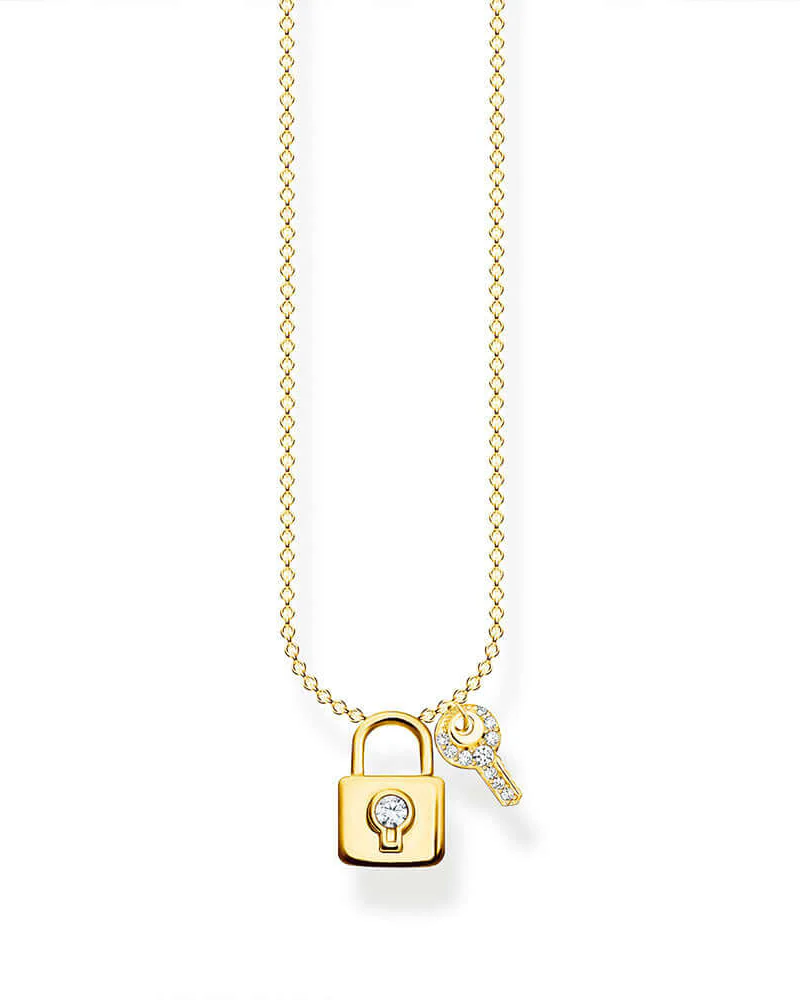 Thomas Sabo The Key to Happiness Gold KE2122-414-14 halsband har en tunn, förgylld kedja och förgyllda lås och nyckelhängen dekorerade med zirkoner.