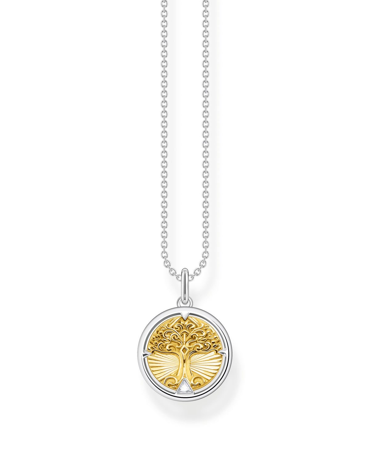 Thomas sabo Tree of Love KE2137-849-7-L45V har en tunn silverkedja och ett runt hänge med en förgylld mitt och ett träd. Vid trädets rot på hänget sitter en zirkon.