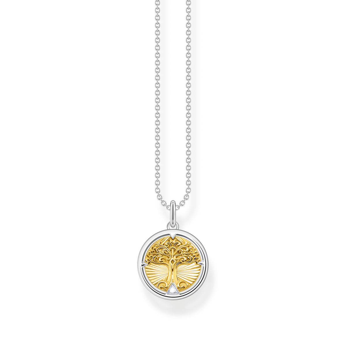 Thomas sabo Tree of Love KE2137-849-7-L45V har en tunn silverkedja och ett runt hänge med en förgylld mitt och ett träd. Vid trädets rot på hänget sitter en zirkon.
