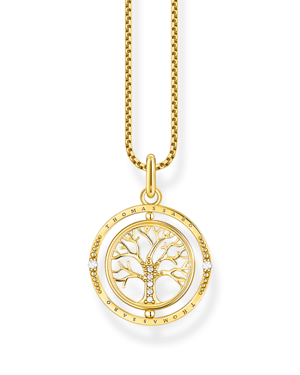 Thomas Sabo Tree Of Love KE2148-414-14-L45 halsband med tunn förgylld silverkedja och runt hänge bestående av två sammanlänkade ringar. I den inre ringen finns ett lövfattigt träd dekorerat med zirkoner. Den yttre ringen är också dekorerad med zirkoner.