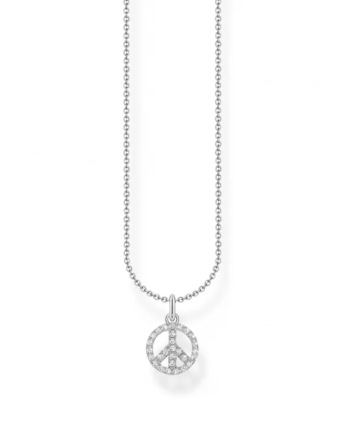 Thomas Sabo Charming Peace With White Stones KE2175-051-14 halsband har en tunn silverkedja. Hänget är ett tecken på fred dekorerat med vita zirkoner.