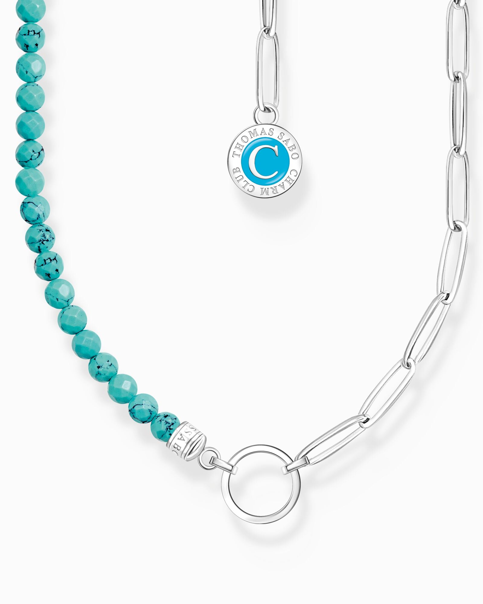 Thomas Sabo Charm Necklace With Beads And Disc KE2189-007-17-L45 halsband med turkospärlor på ena sidan och silverlänk på andra sidan. I mitten en silverring för att hänga charms.