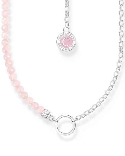 Thomas Sabo Charm Necklace With Beads KE2190-067-9-L45 halsband med rosenkvarts-pärlor på ena sidan och silverkedja på andra sidan. I mitten en silverring för att hänga charms.