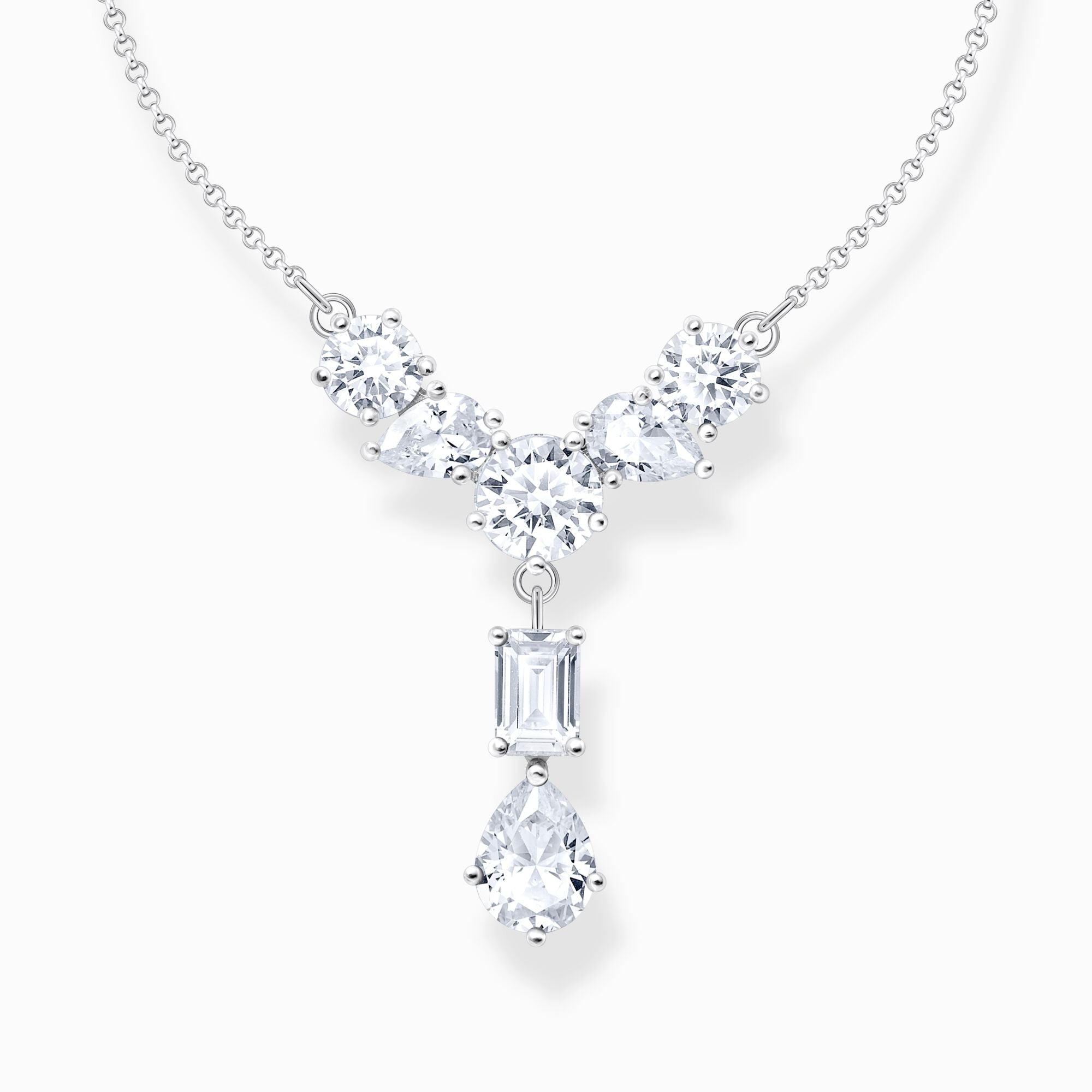 Thomas Sabo Silver Necklace in Y-shape KE2195-051-14-L45 halsband med tunn silverkedja och Y-formad dekoration av olika storlekar och slipningar av zirkoner.