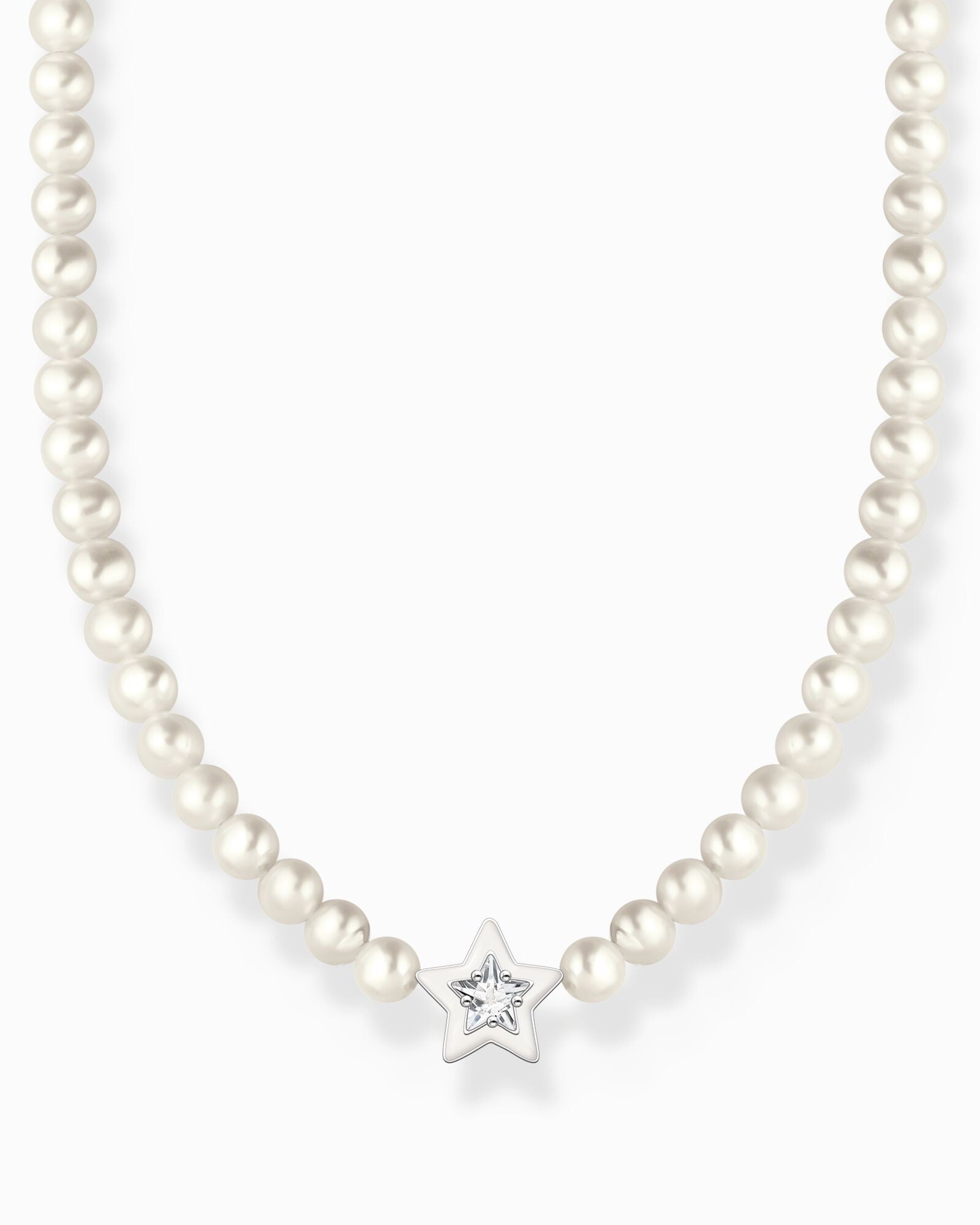 Thomas Sabo Necklace With Freshwater Pearls And Cold Enamel Star Silver KE2198-149-14-L42 pärlhalsband med vit stjärndekoration med en zirkon i mitten.