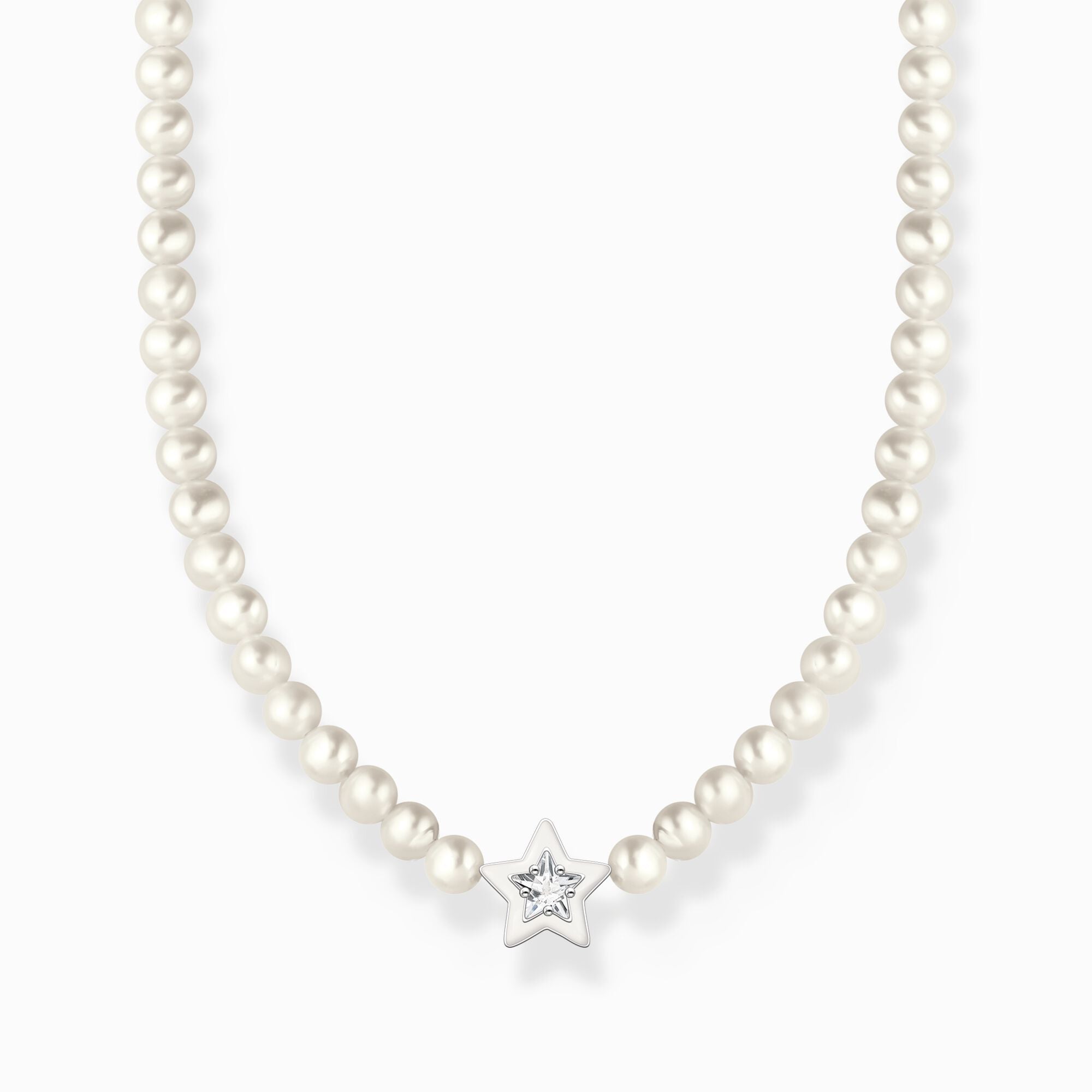 Thomas Sabo Necklace With Freshwater Pearls And Cold Enamel Star Silver KE2198-149-14-L42 pärlhalsband med vit stjärndekoration med en zirkon i mitten.
