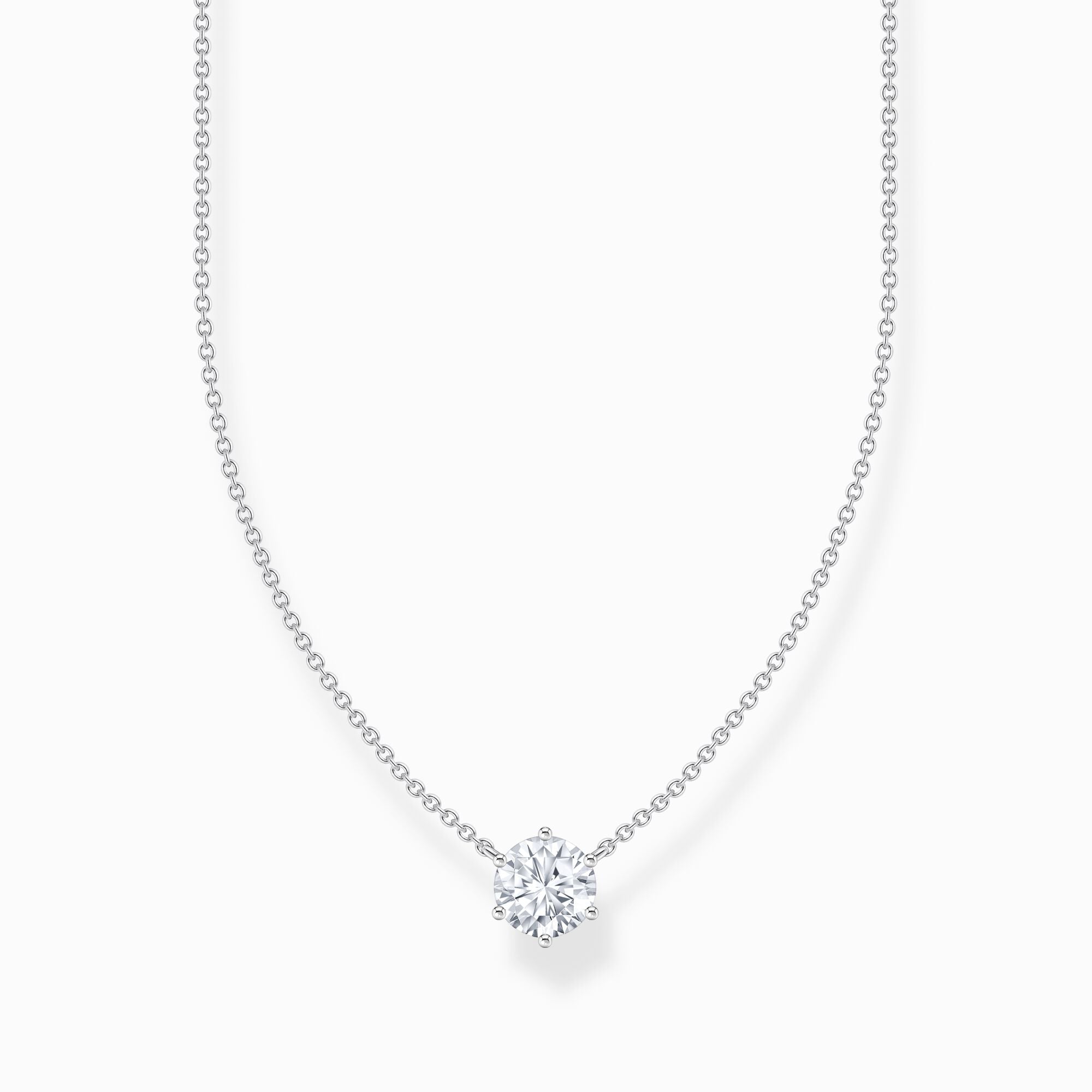 Thomas Sabo Necklace With Zirconia Pendant KE2210-051-14-L45V har en tunn silverkedja dekorerad med en rund vit zirkon.