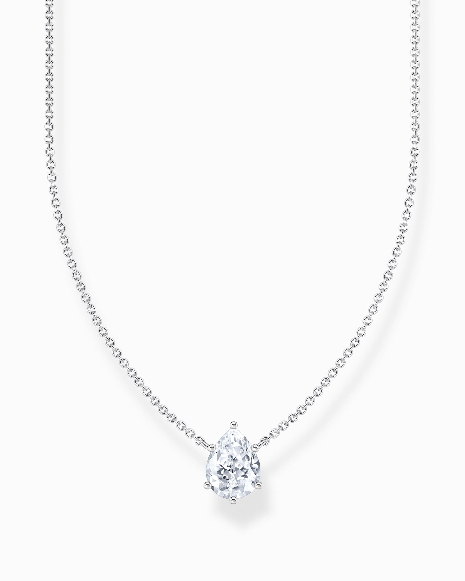 Thomas Sabo Necklace With White Drop-shaped Pendant KE2213-051-14 har en tunn silverkedja dekorerad med en droppformad zirkon.