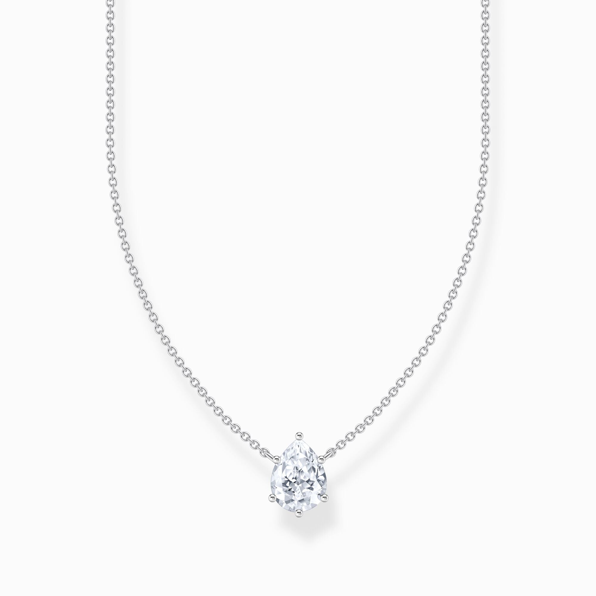 Thomas Sabo Necklace With White Drop-shaped Pendant KE2213-051-14 har en tunn silverkedja dekorerad med en droppformad zirkon.