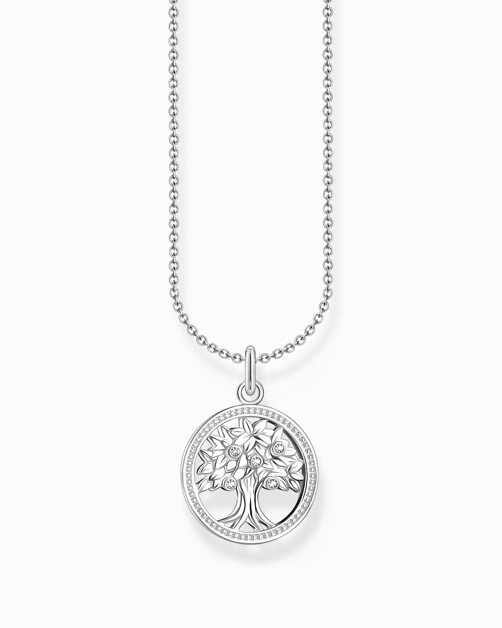 Thomas Sabo Silver Necklace With Tree Of Love Pendant And White Zirconia KE2214-051-14-L45V halsband med tunn silverkedja och runt hänge med ett träd i mitten. Trädets frukter är fem zirkoner.