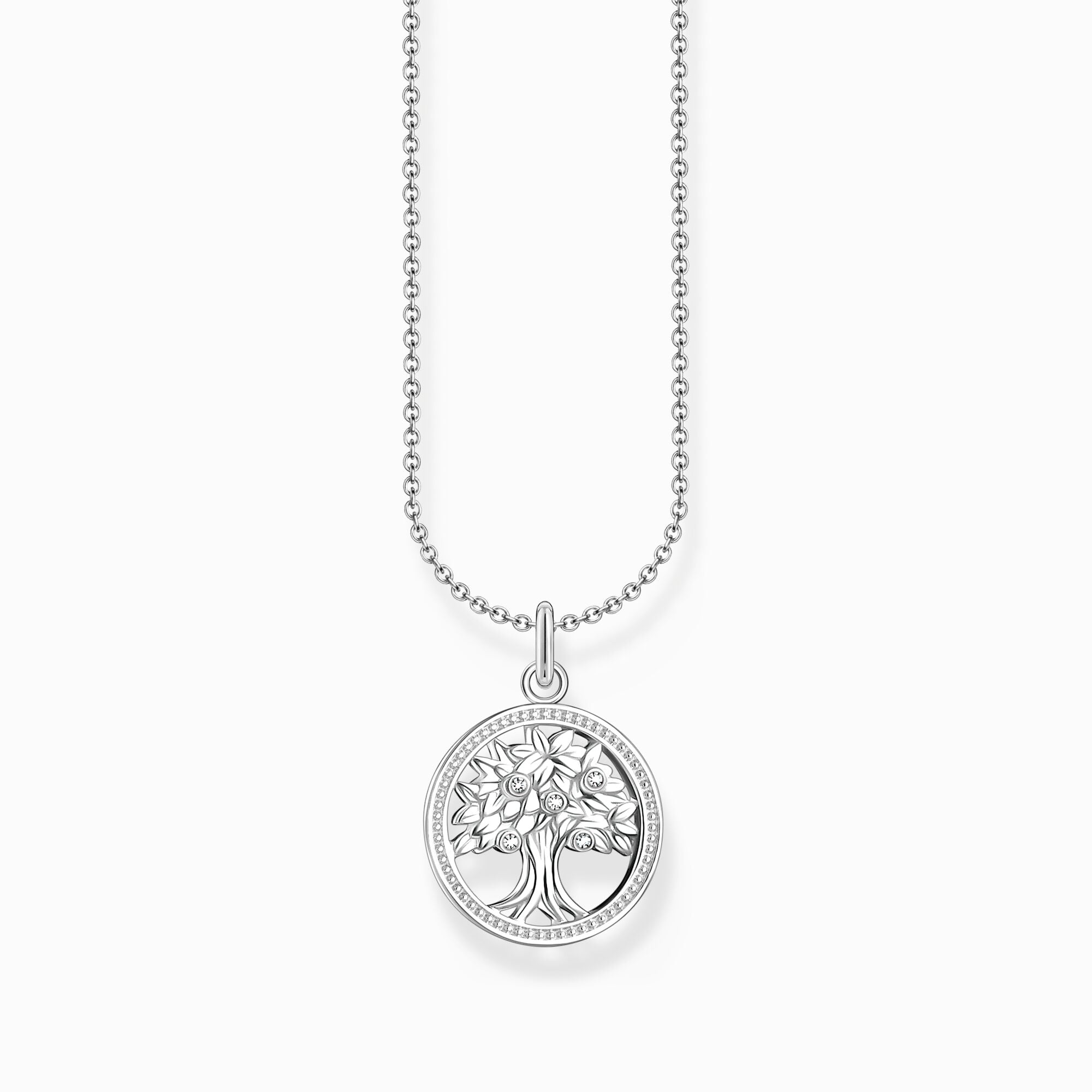 Thomas Sabo Silver Necklace With Tree Of Love Pendant And White Zirconia KE2214-051-14-L45V halsband med tunn silverkedja och runt hänge med ett träd i mitten. Trädets frukter är fem zirkoner.