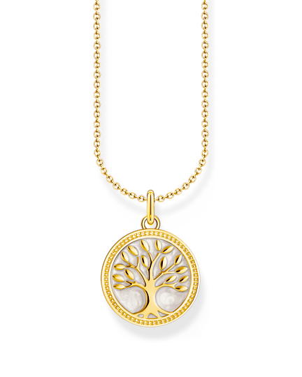 Thomas Sabo Necklace With Tree Of Love Pendant And Cold Enamel KE2220-427-39-L45V har en tunn förgylld silverkedja. Hänget är en rund förgylld platta med ett träd i mitten. Bakgrunden bakom trädet är dekorerad med vit kall emalj.