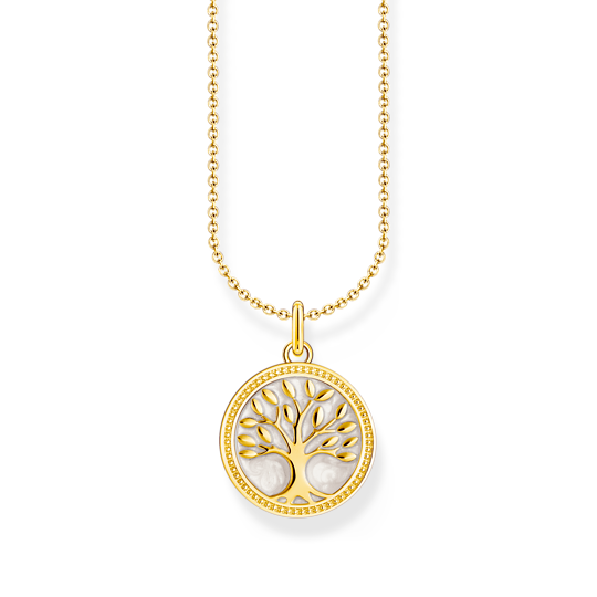 Thomas Sabo Necklace With Tree Of Love Pendant And Cold Enamel KE2220-427-39-L45V har en tunn förgylld silverkedja. Hänget är en rund förgylld platta med ett träd i mitten. Bakgrunden bakom trädet är dekorerad med vit kall emalj.