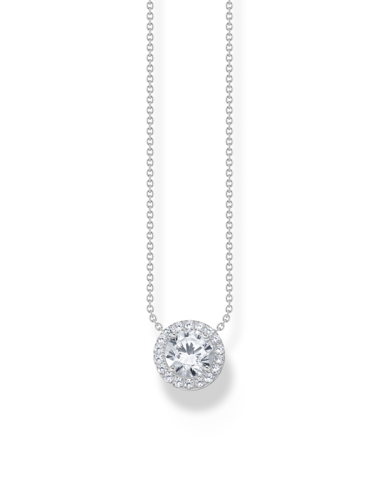 Thomas Sabo Silver Necklace With Halo Pendant With White Zirconia KE2279-051-14-L45V halsband med tunn silverkedja och halo-hänge där små zirkoner omger en större zirkon.