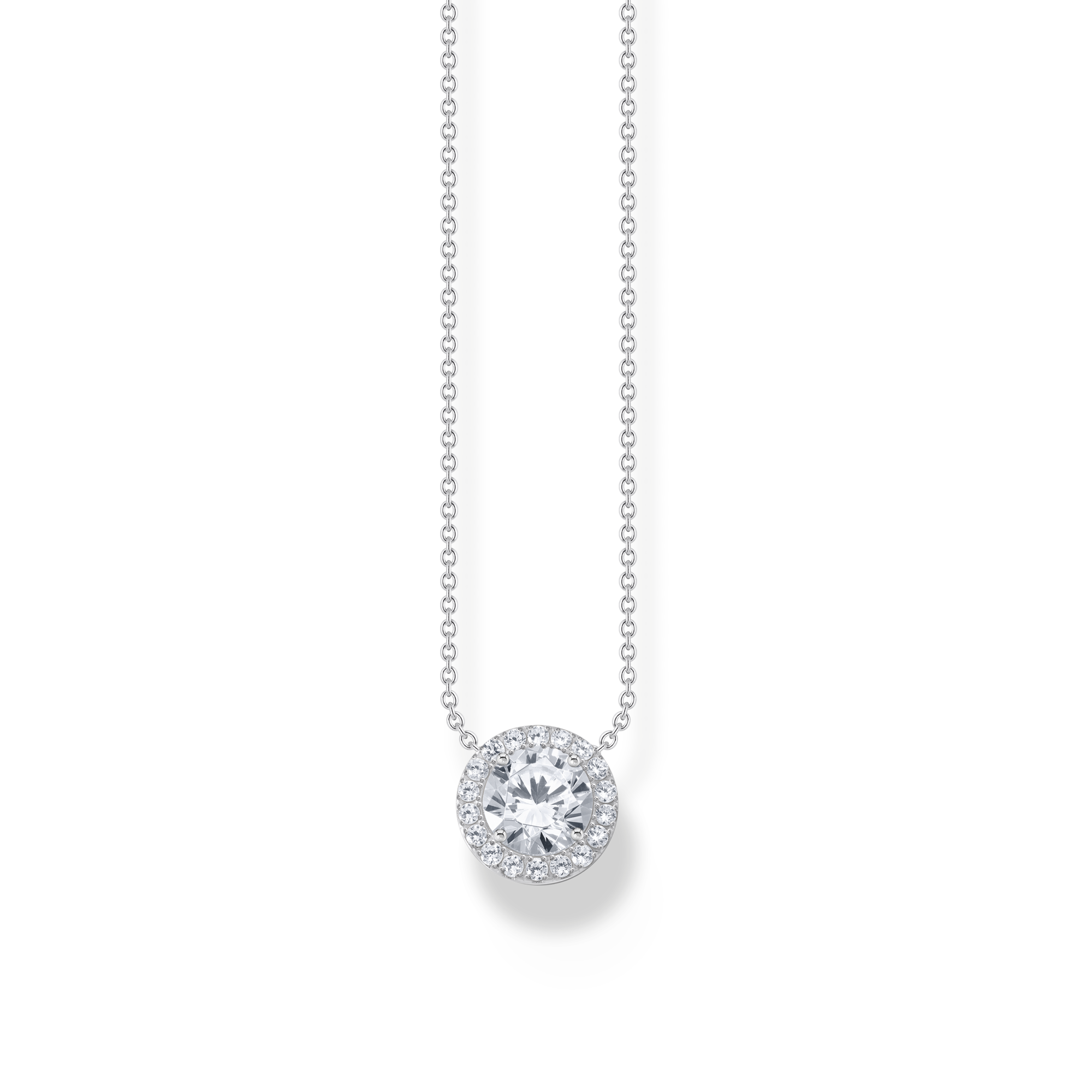 Thomas Sabo Silver Necklace With Halo Pendant With White Zirconia KE2279-051-14-L45V halsband med tunn silverkedja och halo-hänge där små zirkoner omger en större zirkon.