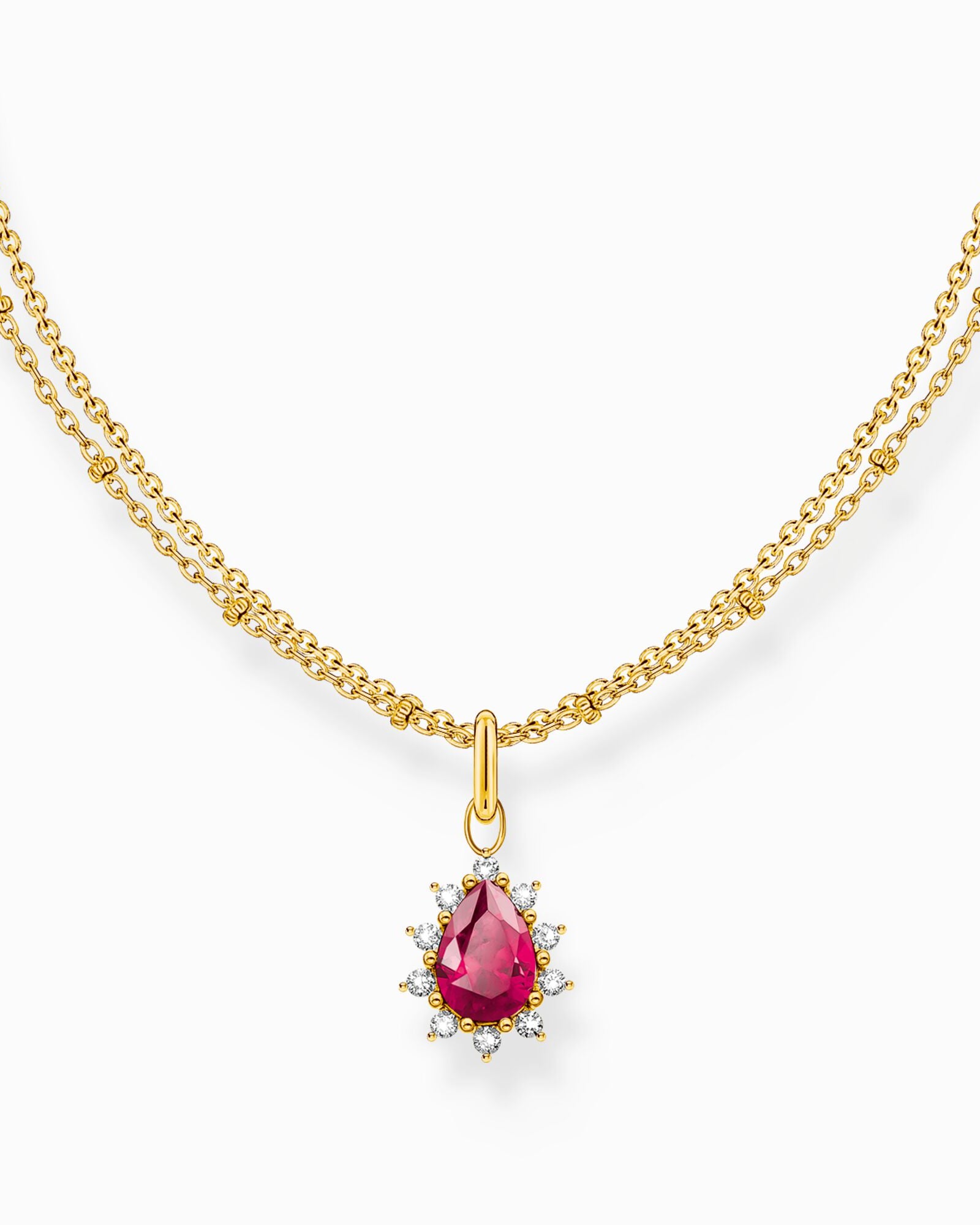 Thomas Sabo Vintage Romance Pendant KE2294-995-10-L45V halsband med förgylld dubbelkedja och ett droppformat rubinhänge omgiven av små vita zirkoner.