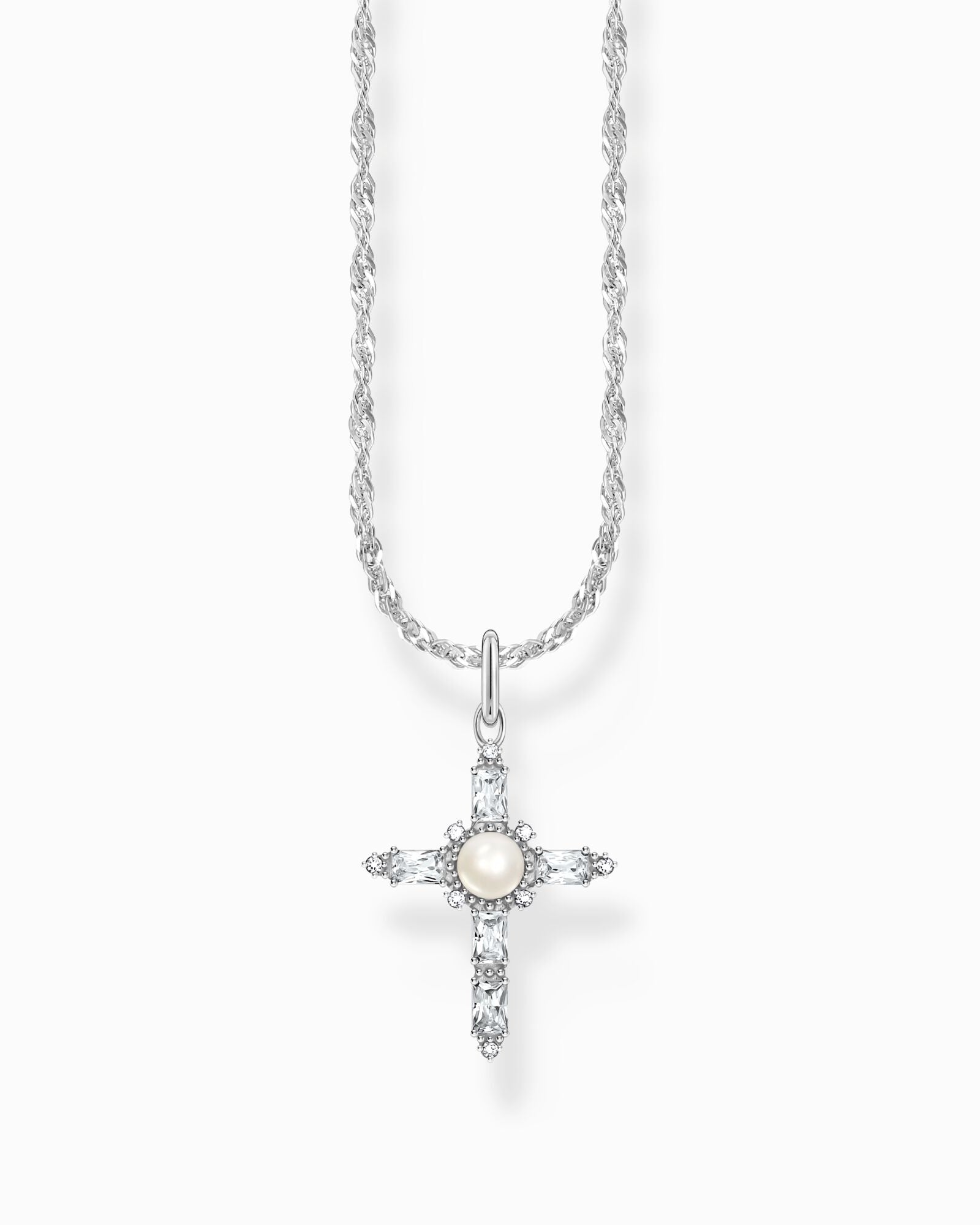 Thomas Sabo Necklace With Cross Pendant Cross Romance KE2296-167-11-L45V halsband med tunn silverkedja och korshänge. Korsets armar är dekorerade med svarta zirkoner och i mitten finns en pärla.
Thomas Sabo Necklace With Cross Pendant Cross Romance KE2296-167-14-L45V halsband med tunn silverkedja och korshänge. Korsets armar är dekorerade med vita zirkoner och i mitten finns en pärla.
