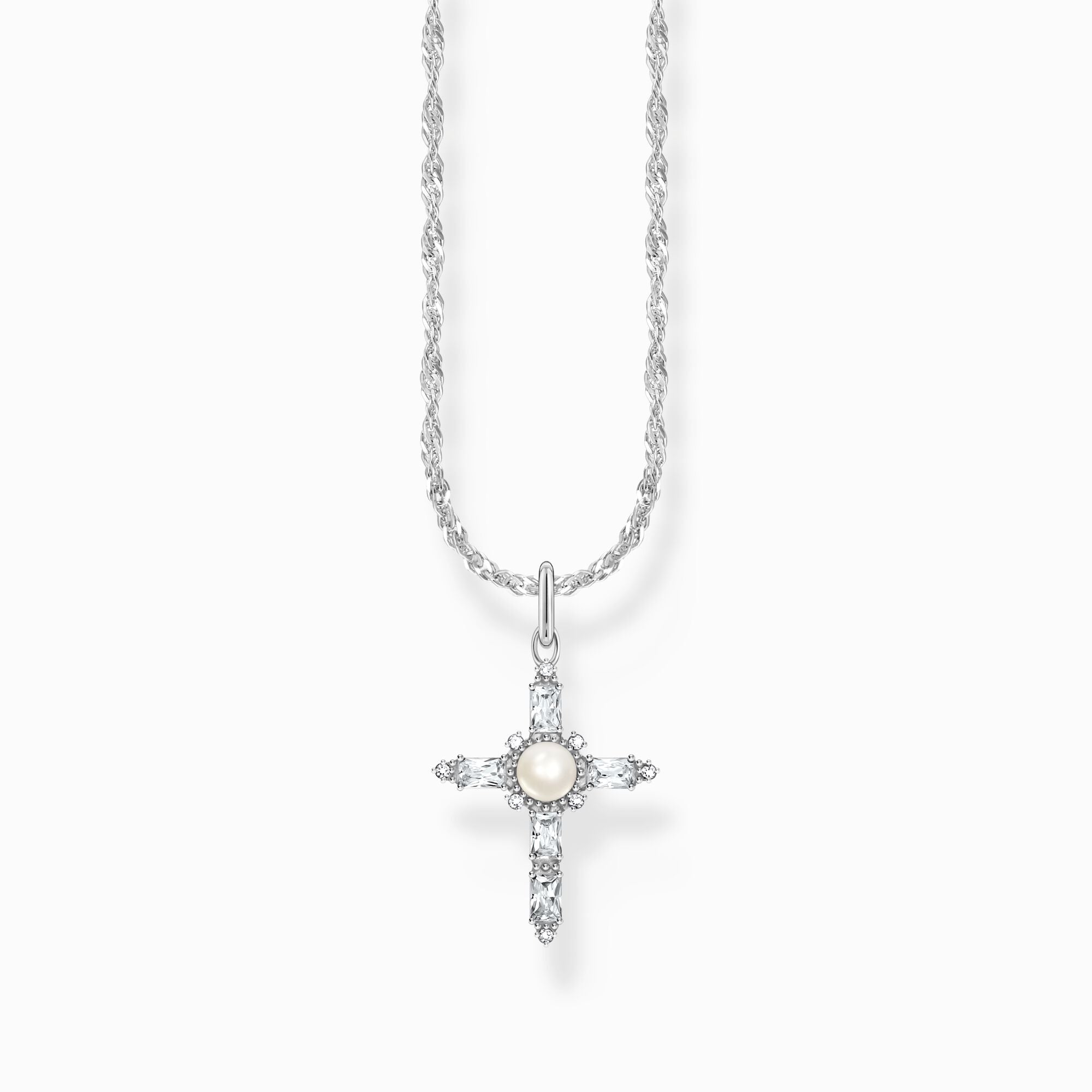 Thomas Sabo Necklace With Cross Pendant Cross Romance KE2296-167-11-L45V halsband med tunn silverkedja och korshänge. Korsets armar är dekorerade med svarta zirkoner och i mitten finns en pärla.
Thomas Sabo Necklace With Cross Pendant Cross Romance KE2296-167-14-L45V halsband med tunn silverkedja och korshänge. Korsets armar är dekorerade med vita zirkoner och i mitten finns en pärla.