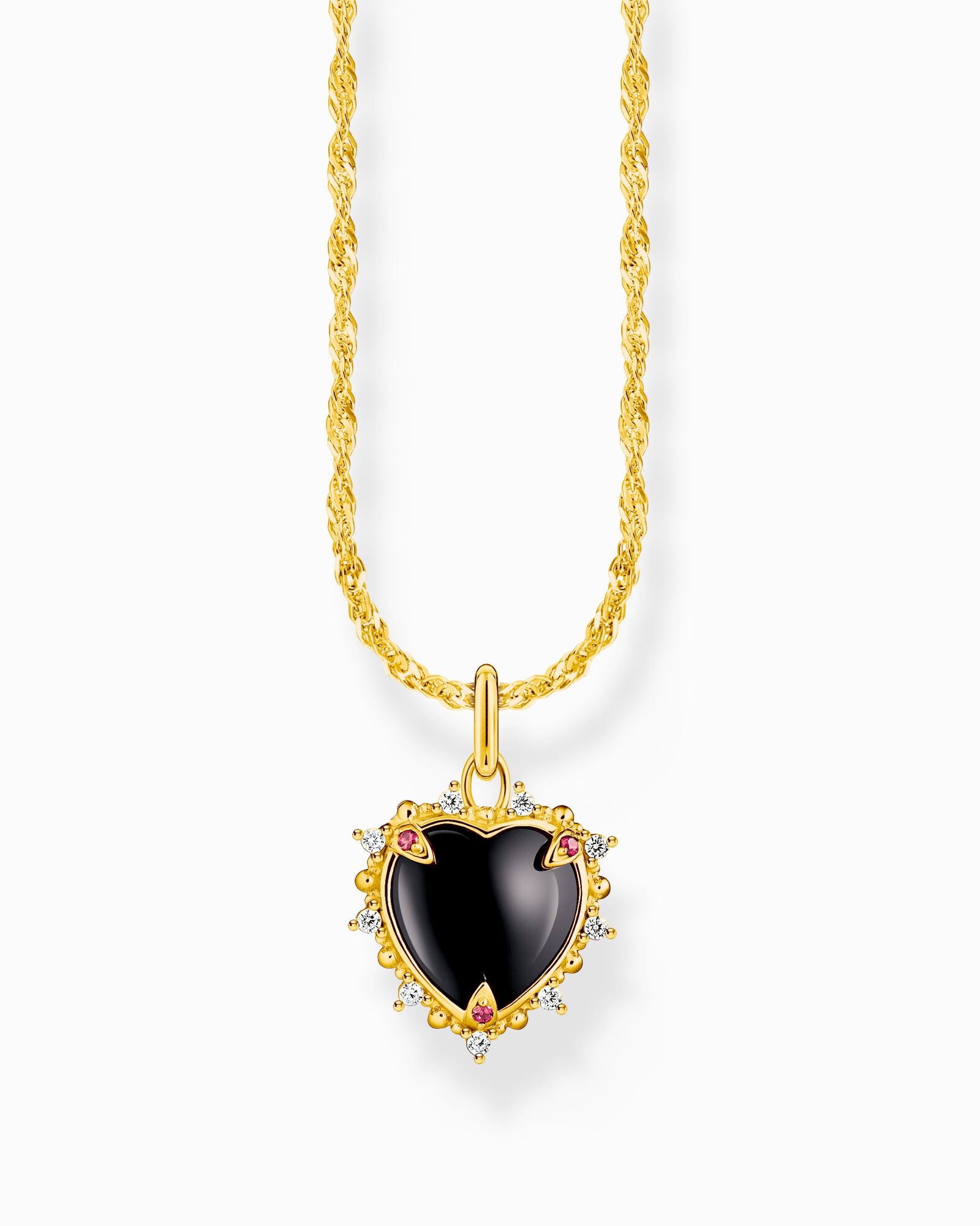 Thomas Sabo Necklace Pendant Heart Romance KE2297-995-11-L45V halsband med tunn vriden förgylld silverkedja och svart hjärthänge med dekorativ förgylld silverkant dekorerad med zirkoner och rubiner.