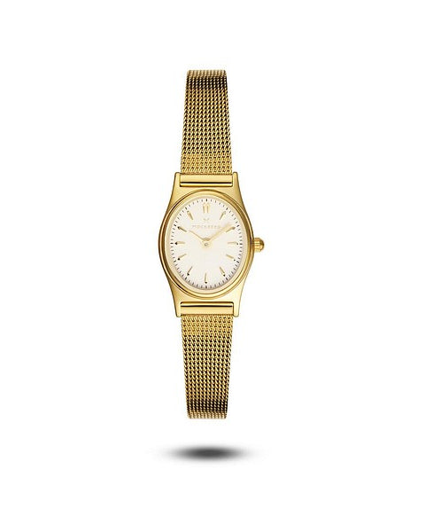 Elegant Mockberg Retro Mesh Gold MB0253 damklocka fotograferad rakt framifrån. Lyxig guldfärgad oval boett, guldfärgad bezel, vit oval urtavla samt ett sofistikerat guldfärgat mesharmband.