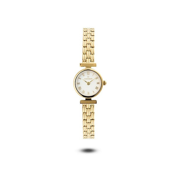 Siro naisten Mockberg Vintage Gold MB1617 -korukello suoraan edestä kuvattuna. Kiiltävä kullanvärinen pyöreä kuori, kapea kullanvärinen bezel, pyöreä valkoinen kellotaulu ja roomalaiset numerot.