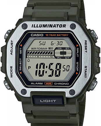 Svart och stålförstärkt Casio MWD-110H-3AVEF digitalklocka med olivgröna detaljer.