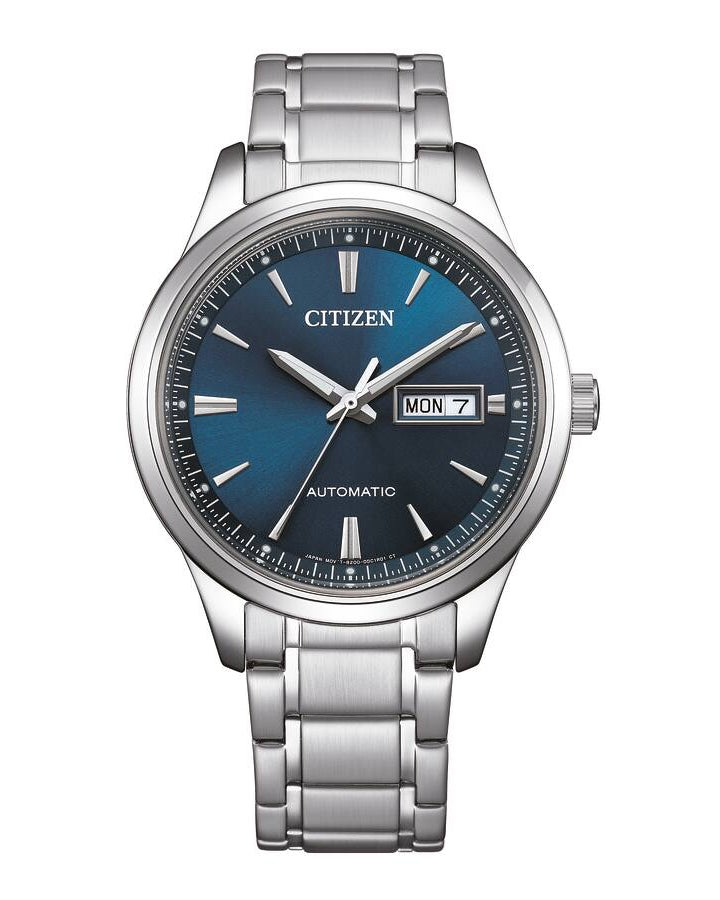 Citizen Automatic NY4058-79L herrklocka har blå urtavla med datum- och veckodagvisning vid kl. 3, silverfärgade index och visare. Ramen, boetten och remmen är också silverfärgade.