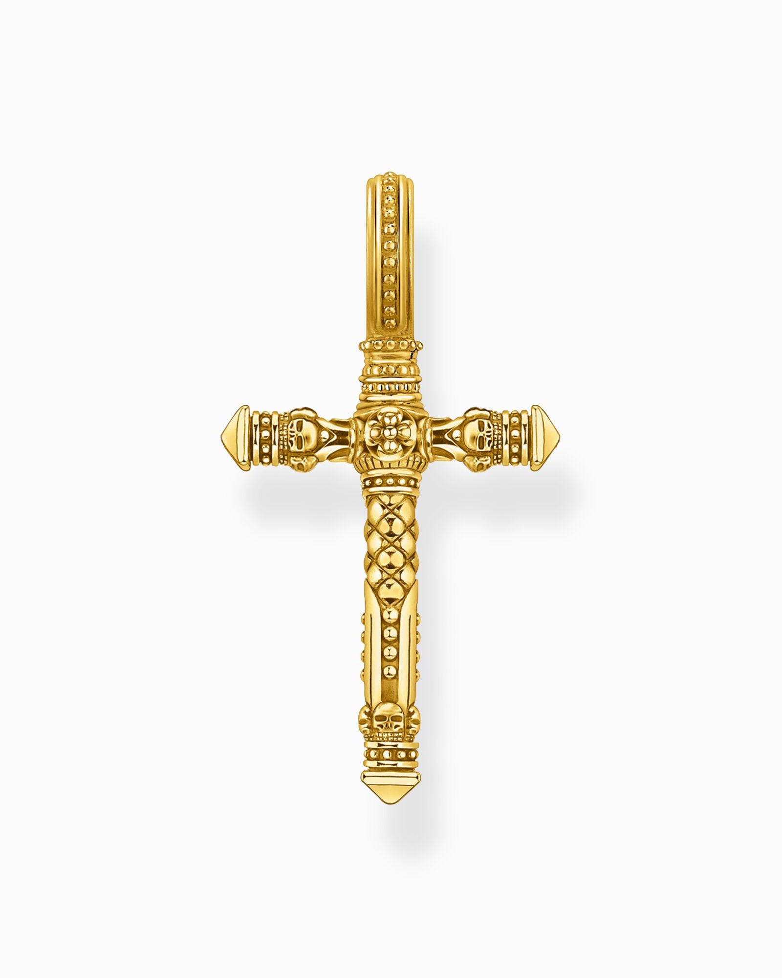 Thomas Sabo Pendant Cross PE503-413-39 hängsmycke är ett förgyllt kors med gravyrer av dödskallemotiv på korsets armar.