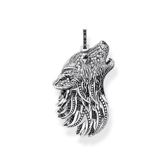 Thomas Sabo Howling Wolf With Stones PE966-643-21 hängsmycke är en fantastisk varg gjord av mörkt silver dekorerad med svarta zirkoner.