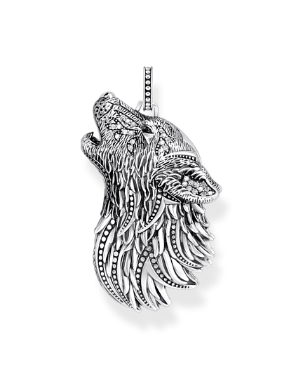 Thomas Sabo Howling Wolf With Stones PE966-643-21 hängsmycke är en fantastisk varg gjord av mörkt silver dekorerad med svarta zirkoner.