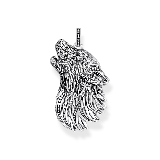 Thomas Sabo Howling Wolf With Stones PE966-643-21 hängsmycke är en fantastisk varg gjord av mörkt silver dekorerad med svarta zirkoner.