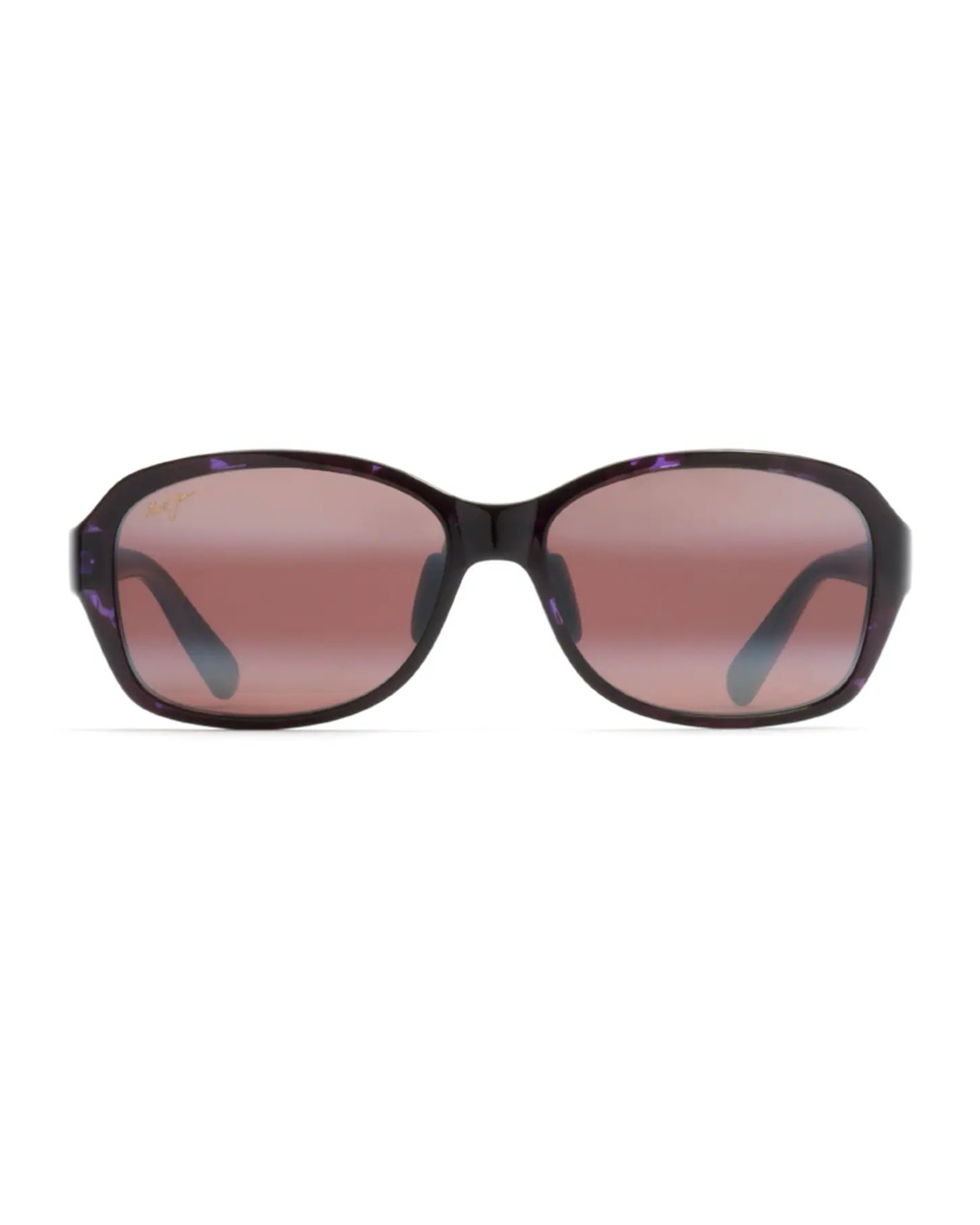 Naiselliset pyöristetyt Maui Jim Koki Beach -aurinkolasit suoraan edestä katsottuna. Tummanpuhuva purppura kilpikonnakehys ja tyylikkäät ruusunpunaiset linssit.