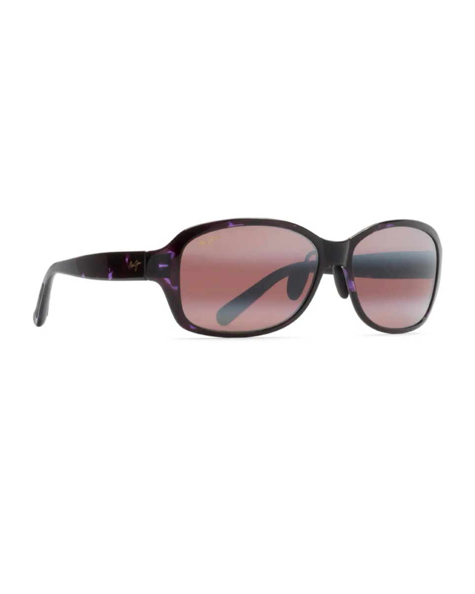 Maui Jim Koki Beach Purple Tortoise -aurinkolasit etuviistosta esitellen keveää nailonrunkoa, satulasiltaa ja sankojen kaunista purppuraa kuviointia.