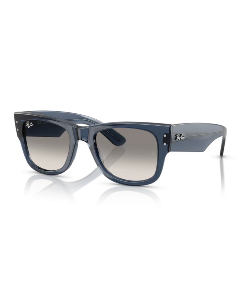 Ray-Ban Mega Wayfarer RB0840S aurinkolasit läpinäkyvällä tummansinisellä kehyksellä ja harmailla liukuvärjätyillä mineraalilasilinsseillä.
