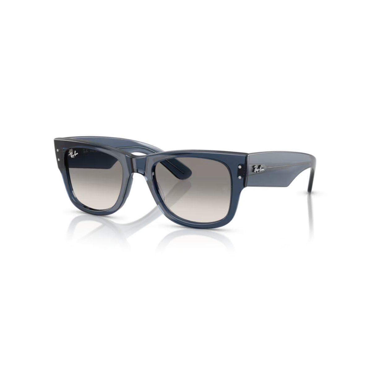 Ray-Ban Mega Wayfarer RB0840S aurinkolasit läpinäkyvällä tummansinisellä kehyksellä ja harmailla liukuvärjätyillä mineraalilasilinsseillä.