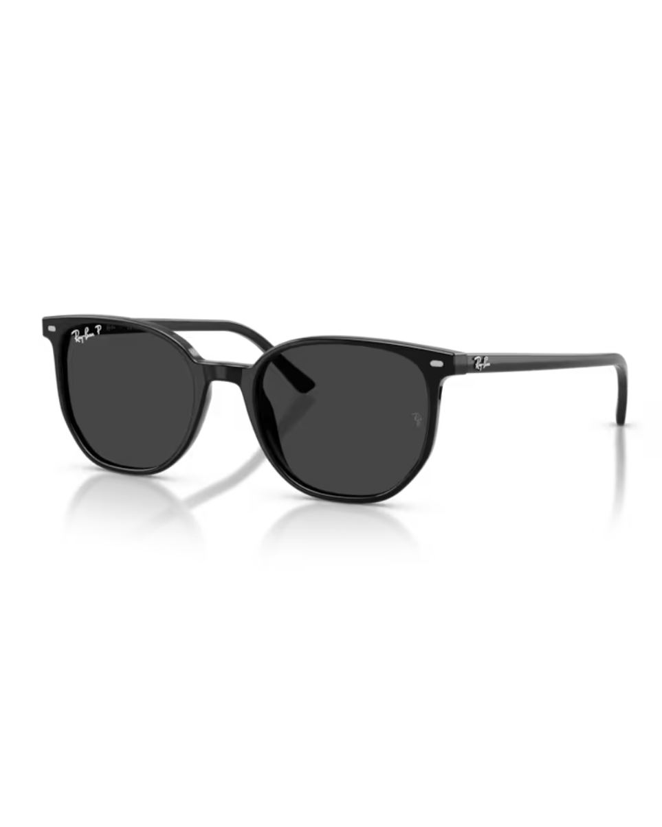 Neliömäiset Ray-Ban Elliot aurinkolasit kiiltävän mustalla asetaattikehyksellä ja tummilla polarisoiduilla linsseillä.